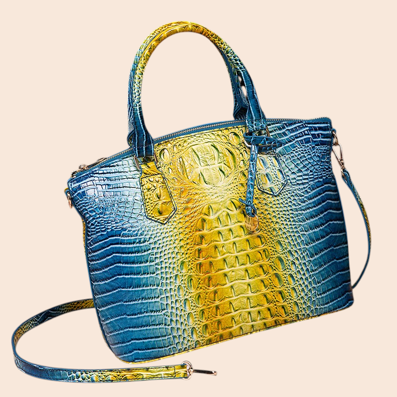 My Store Amara croc-embossed top handle handbag in a vibrant blue and yellow gradient with a detachable strap.