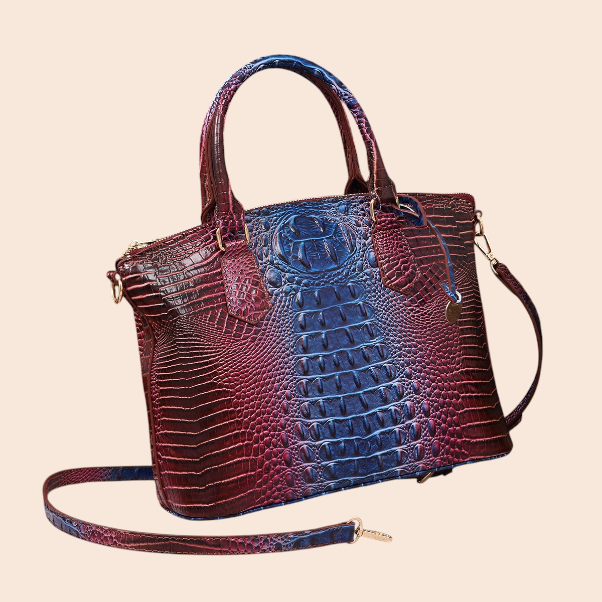 My Store Amara croc-embossed top handle handbag in a vibrant blue and burgundy gradient with a detachable strap.