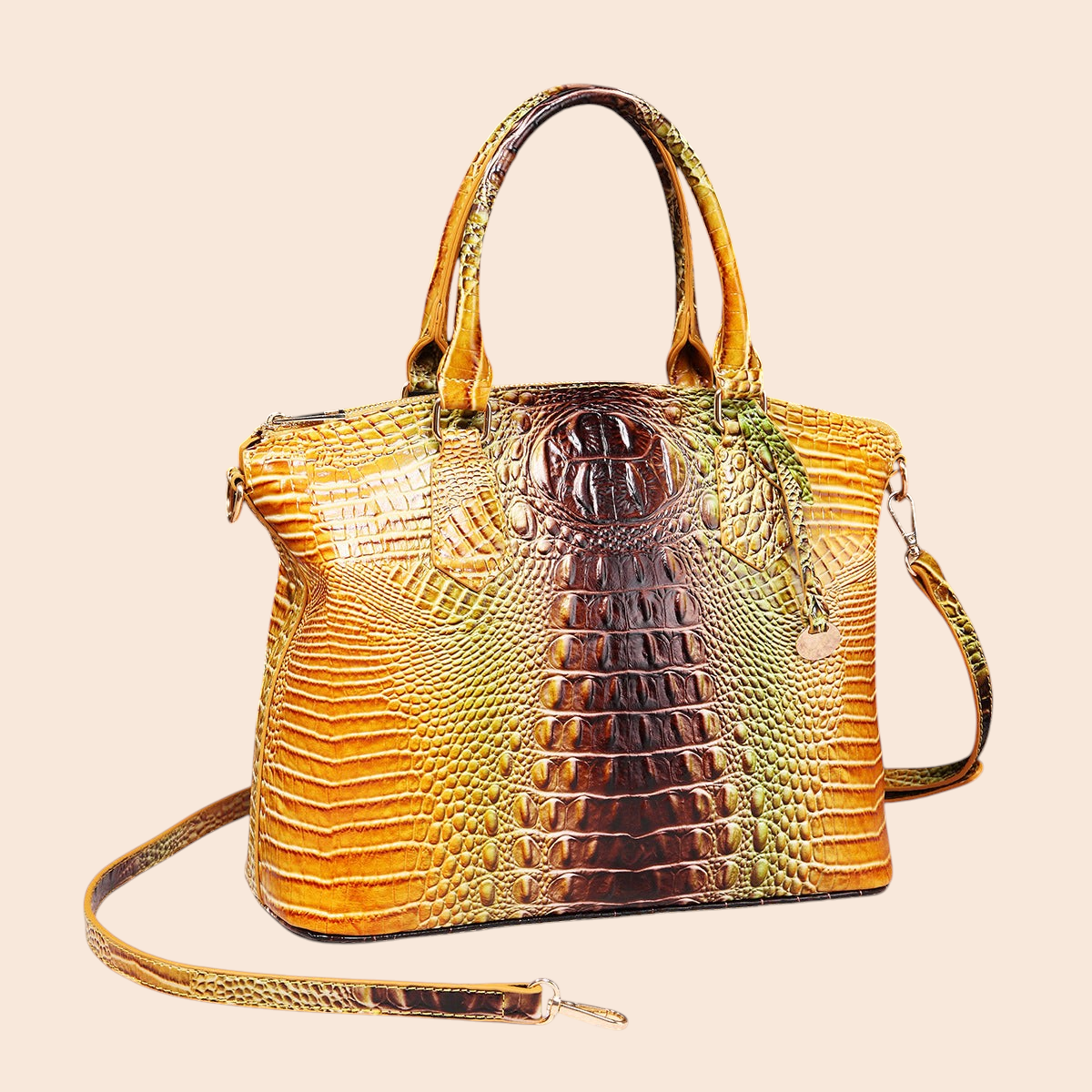 My Store Amara croc-embossed top handle handbag in a vibrant yellow and brown gradient with a detachable strap.