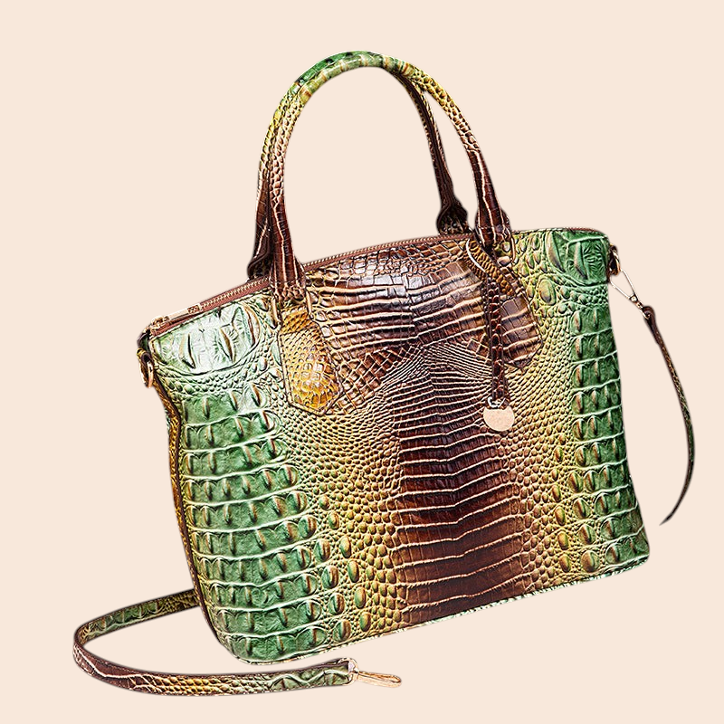 My Store Amara handbag featuring a green and brown crocodile-embossed texture with a structured top handle design.