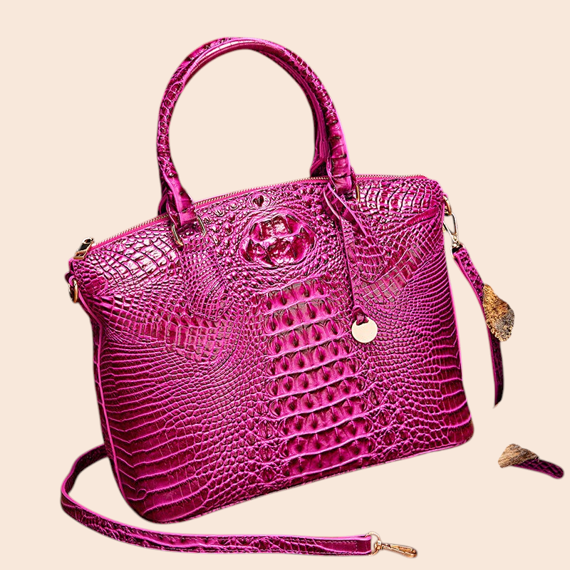 My Store Amara handbag in vibrant fuchsia with a structured crocodile-embossed finish and gold hardware accents.
