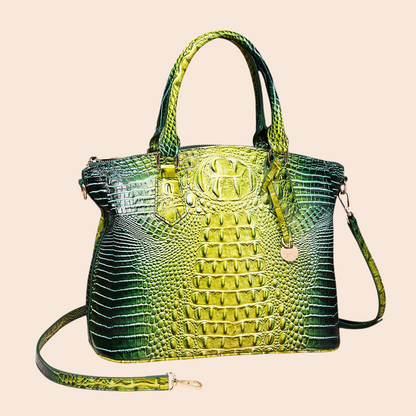 My Store Amara green and yellow crocodile-embossed structured top handle handbag with a detachable shoulder strap.