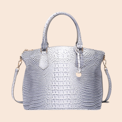 My Store Amara grey crocodile-embossed top handle handbag with a structured retro silhouette and gold hardware.