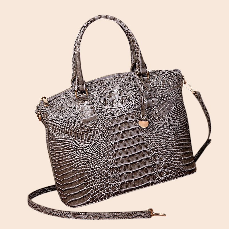 My Store Amara grey croc-embossed structured top handle handbag with a detachable shoulder strap and gold hardware.