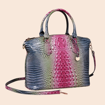 My Store Amara croc-embossed top handle handbag in a vibrant multicolor gradient with polished hardware accents.