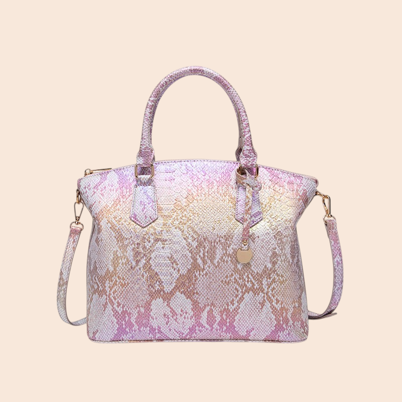 My Store Amara handbag in a multicolor iridescent croc-embossed finish with top handles and a detachable strap.