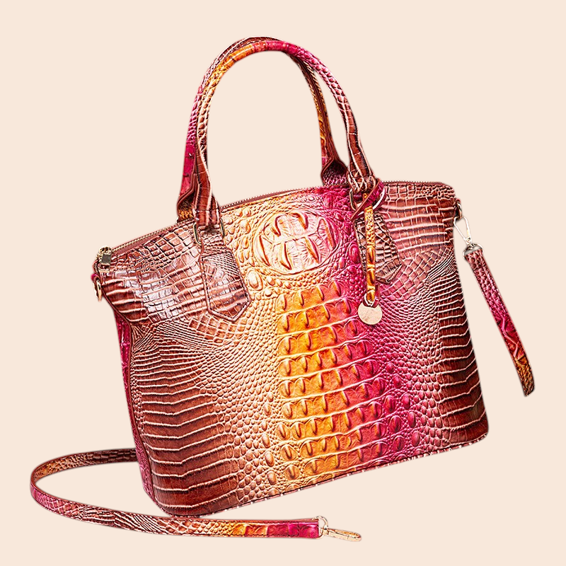 My Store Amara handbag in a vibrant multicolor croc-embossed PU with top handles and a detachable shoulder strap.
