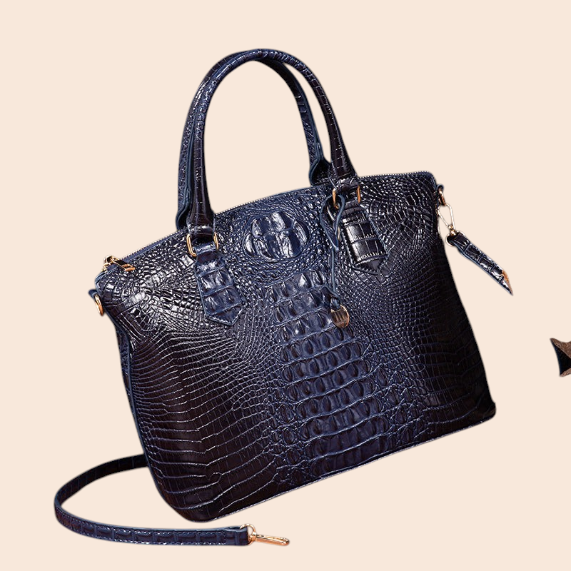My Store Amara navy blue croc-embossed structured top handle handbag with a detachable shoulder strap.