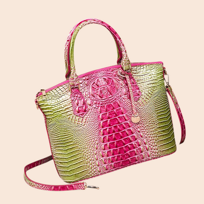 My Store Amara handbag in a vibrant pink and green crocodile-embossed PU leather with a structured top handle design.