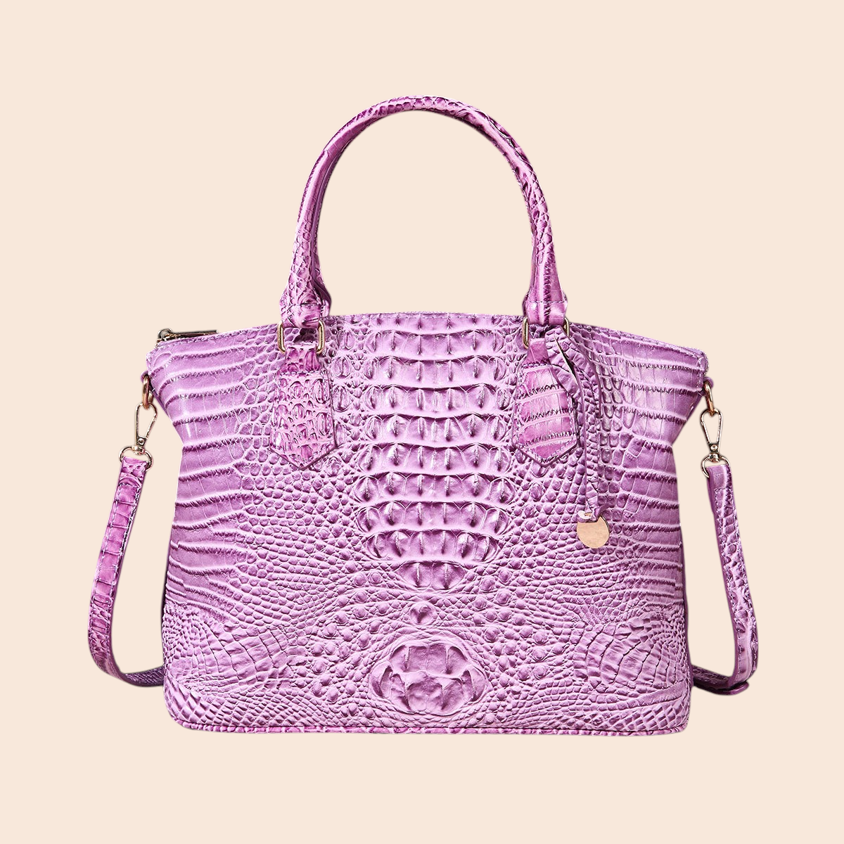 My Store Amara purple croc-embossed top handle handbag with a structured silhouette and detachable shoulder strap.