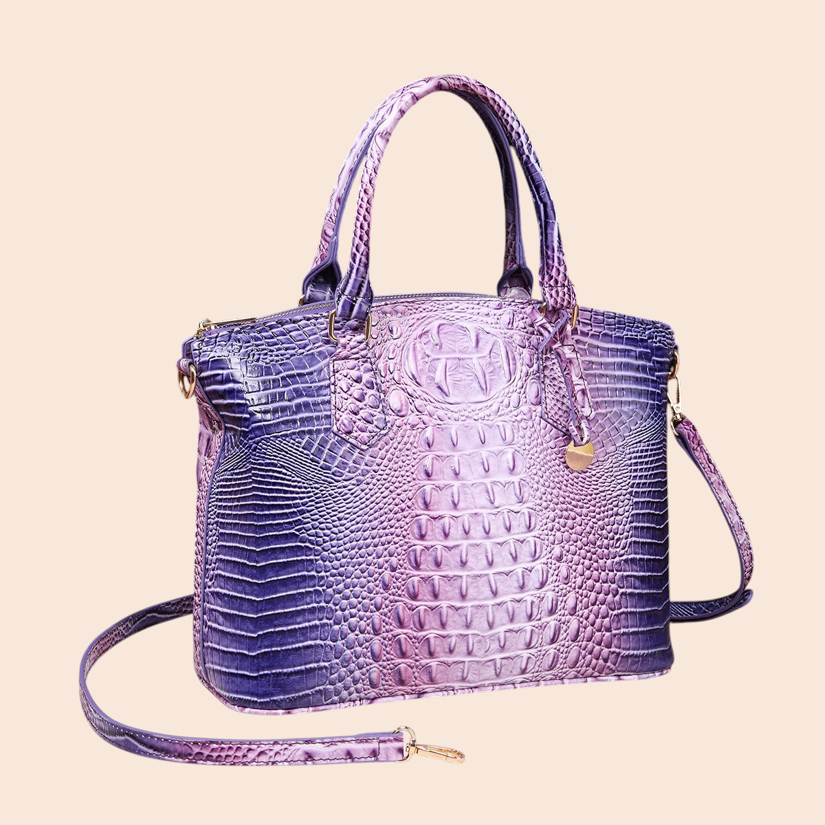 My Store Amara purple and pink gradient croc-embossed structured handbag with top handles and shoulder strap.