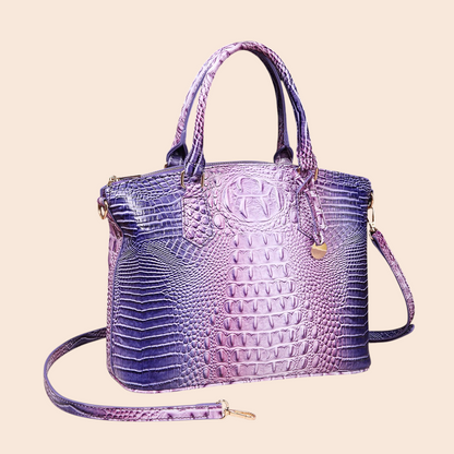 My Store Amara purple and pink gradient croc-embossed structured handbag with top handles and shoulder strap.