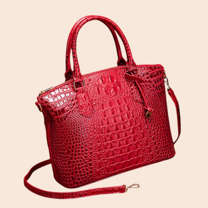 My Store Amara red crocodile-embossed structured top handle handbag with a detachable shoulder strap.