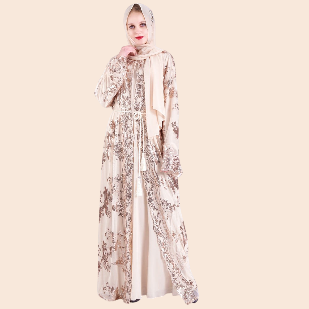 My Store Amira maxi dress in beige mesh with floral embroidery and gold sequins, worn with a matching headscarf.