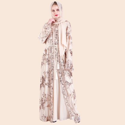 My Store Amira maxi dress in beige mesh with floral embroidery and gold sequins, worn with a matching headscarf.
