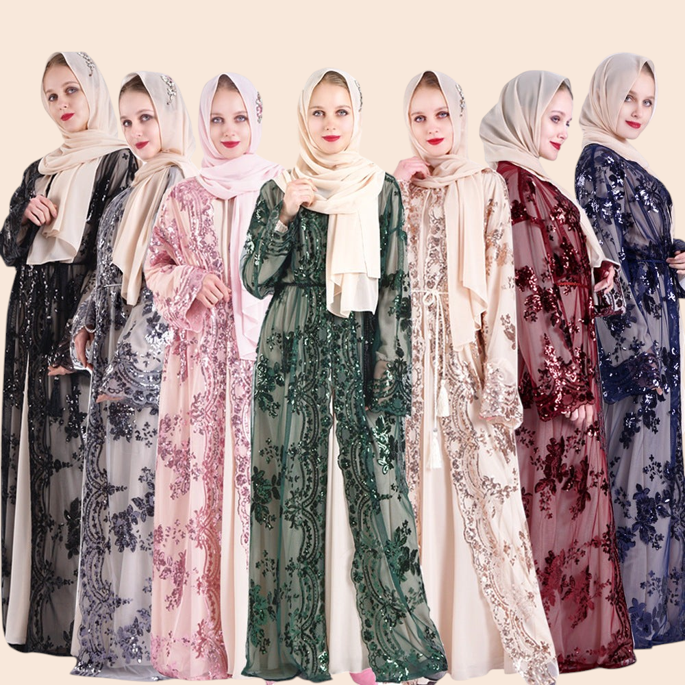 My Store Amira embroidered sequin maxi dresses in various colors with matching hijabs and braided waist belts