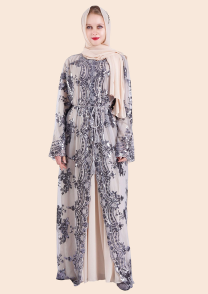 My Store Amira maxi dress in beige mesh with silver floral embroidery and sequins, worn with a matching hijab.