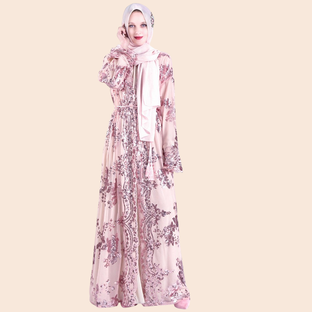 My Store Amira maxi dress in blush pink mesh with floral sequin embroidery, long sleeves, and a matching hijab.