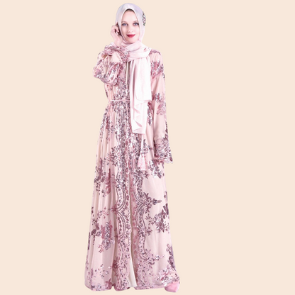 My Store Amira maxi dress in blush pink mesh with floral sequin embroidery, long sleeves, and a matching hijab.