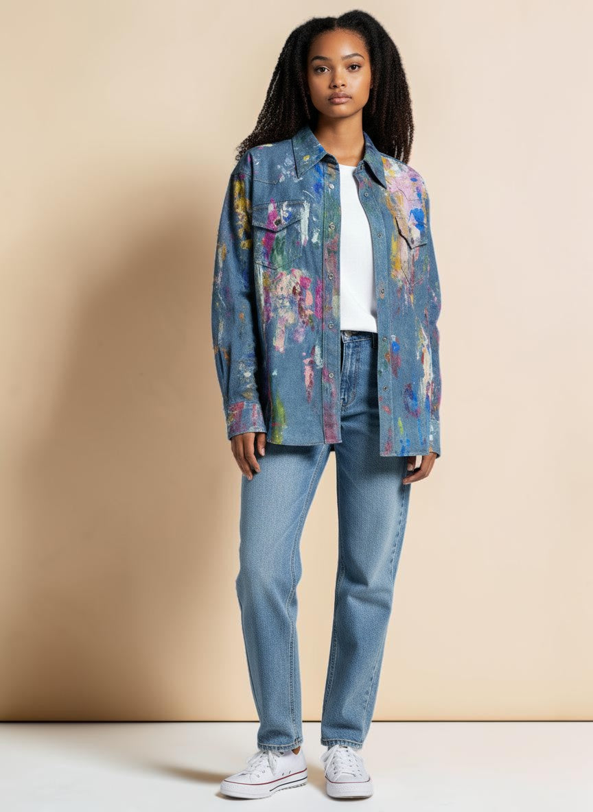 My Store artistic painted long sleeve denim shirt with abstract colorful details. Classic button-up silhouette.