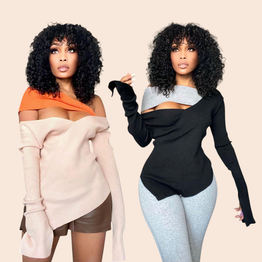 My Store contrast off-shoulder asymmetrical tops in beige and black worn by a model with curly hair