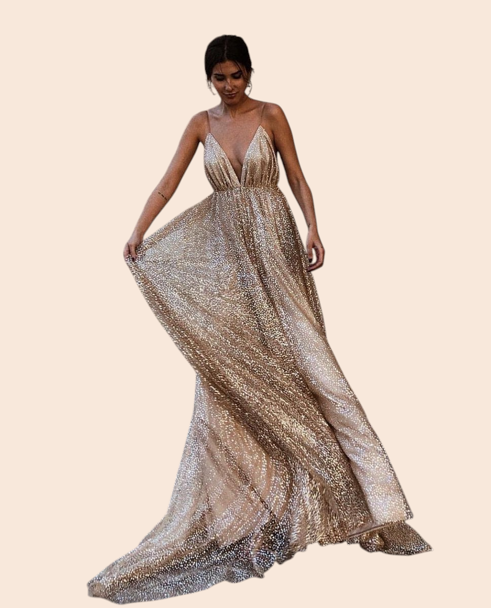 My Store Aurelia gold shimmer plunge maxi gown with spaghetti straps and a full flowing skirt for formal events