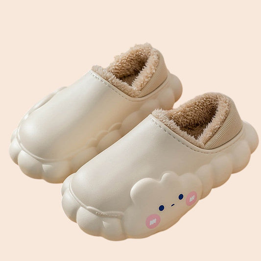 My Store beige Cloud Plush Platform Slippers with a cozy faux fur lining and cute character face detail.