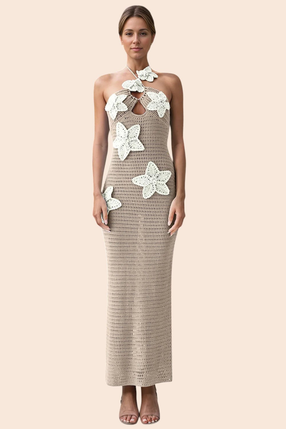 My Store beige crochet maxi dress with halter neckline and dimensional white floral appliqués on a model