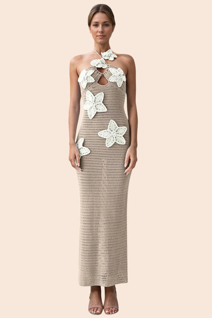 My Store beige crochet maxi dress with halter neckline and dimensional white floral appliqués on a model
