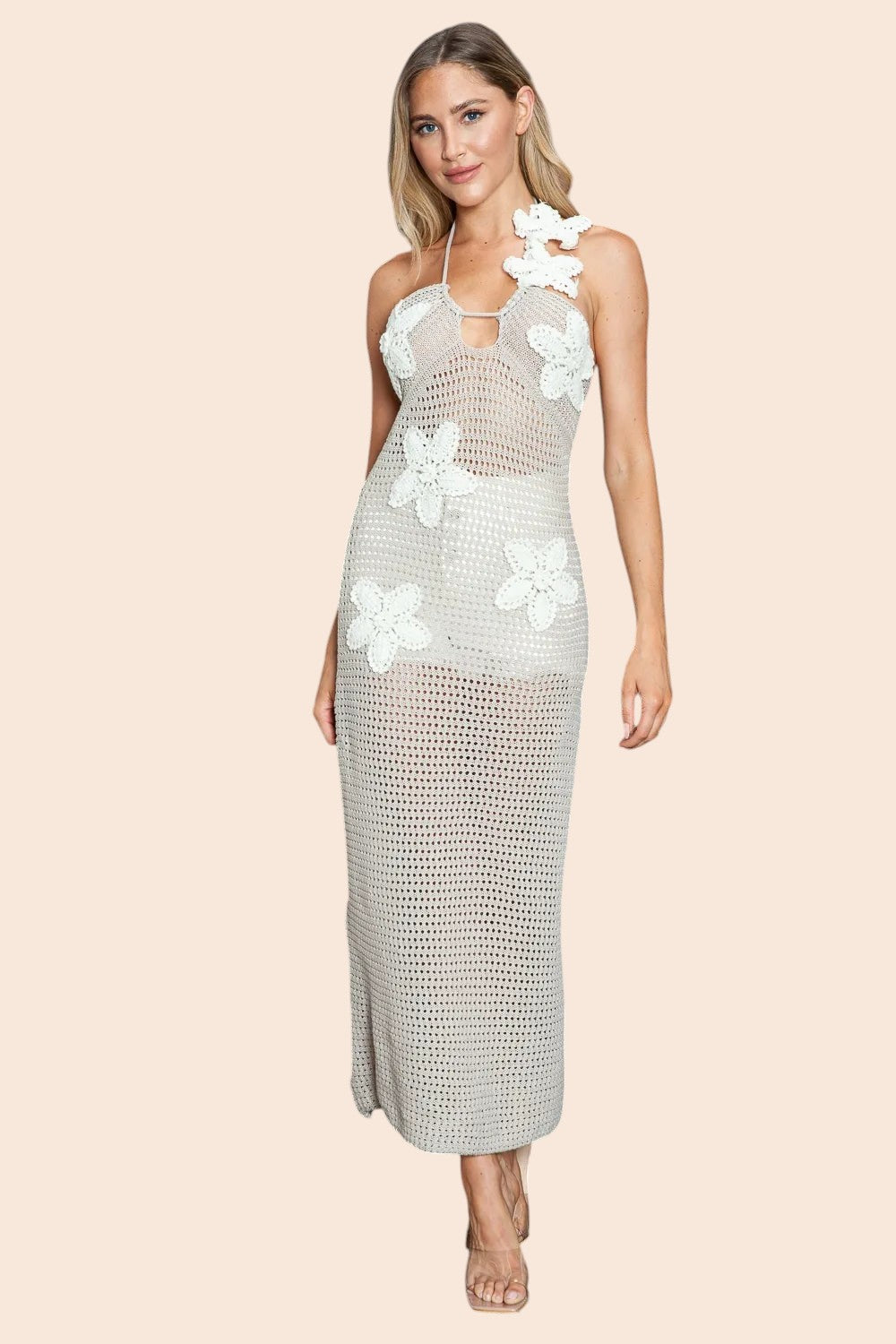 My Store beige crochet maxi dress with halter neckline and dimensional floral appliqués worn by a blonde model