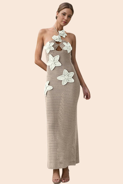 My Store beige crochet maxi dress with white 3D floral appliqués and a halter neckline worn by a model