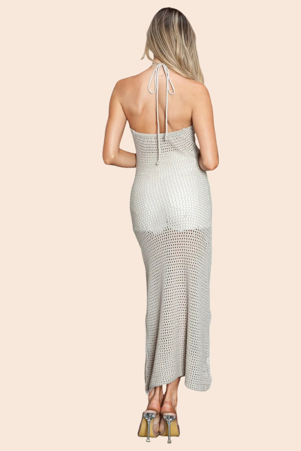 My Store 3D floral crochet halter maxi dress in beige with an open-knit texture and back view on a model