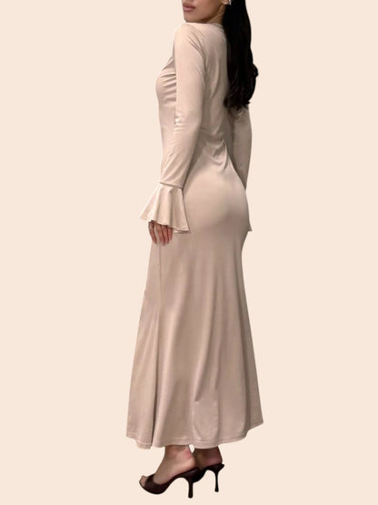 My Store beige maxi dress with long flared sleeves, button-front detail, and a curve-hugging silhouette.