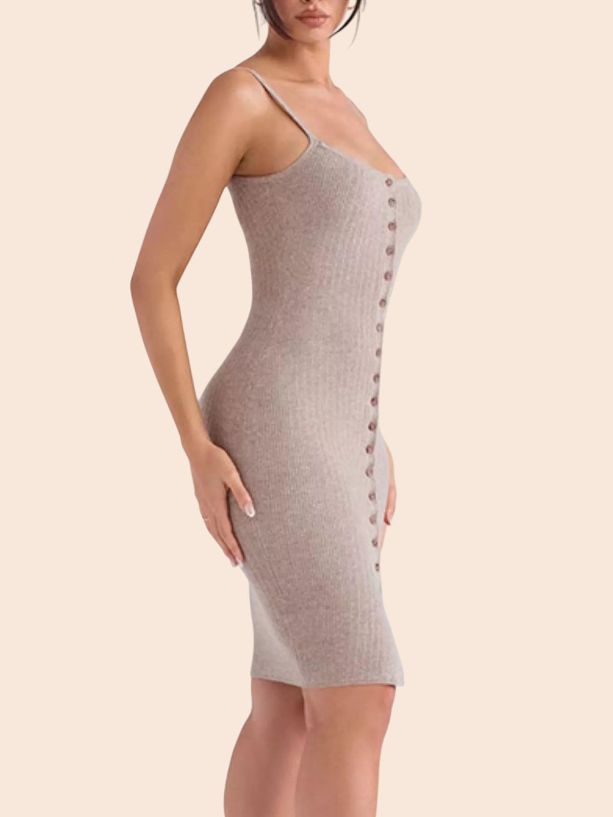 My Store beige ribbed knit mini dress with a square neckline, spaghetti straps, and a button-front design.