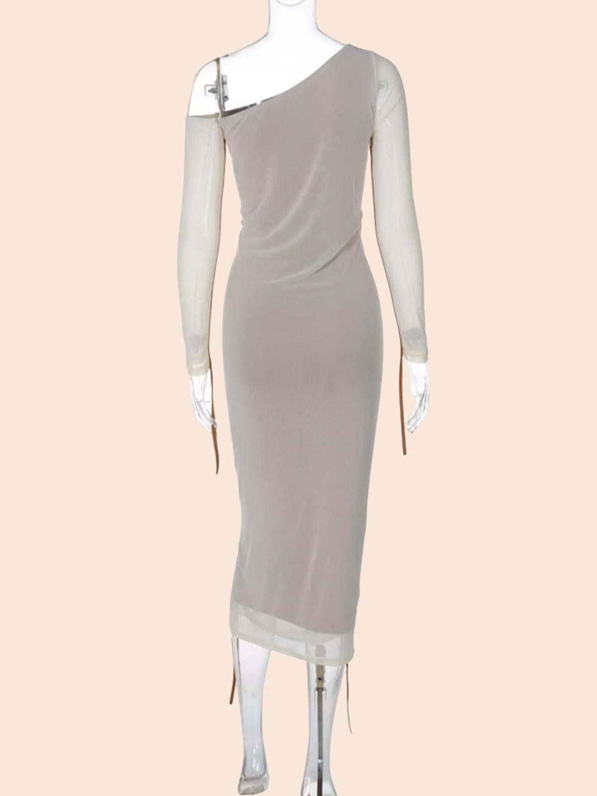 My Store one-shoulder ruched mesh midi dress in beige with a sheer long sleeve and adjustable side ties, back view
