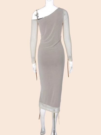 My Store one-shoulder ruched mesh midi dress in beige with a sheer long sleeve and adjustable side ties, back view