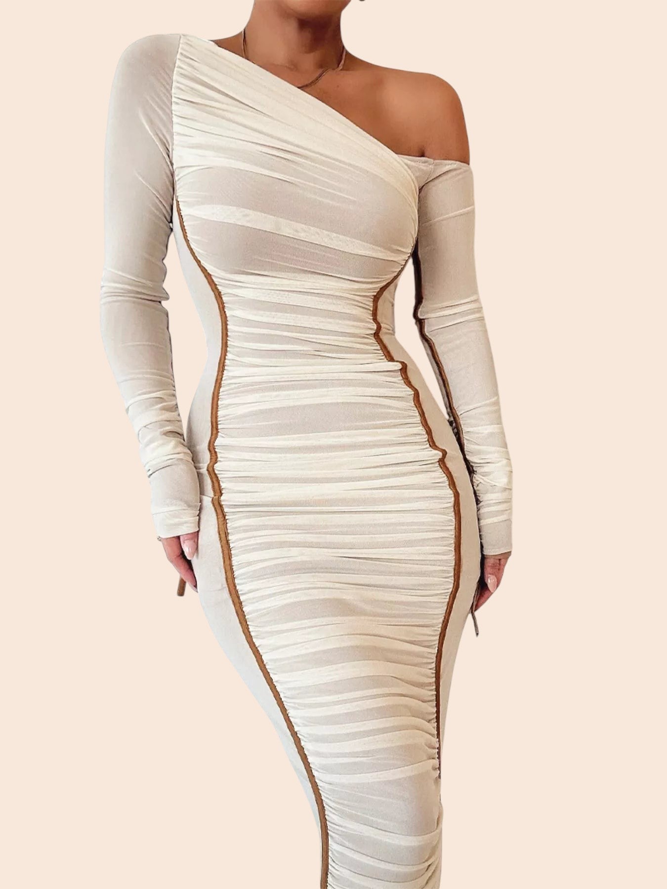 My Store one-shoulder ruched mesh midi dress in beige with a single long sleeve and figure-sculpting bodycon fit.