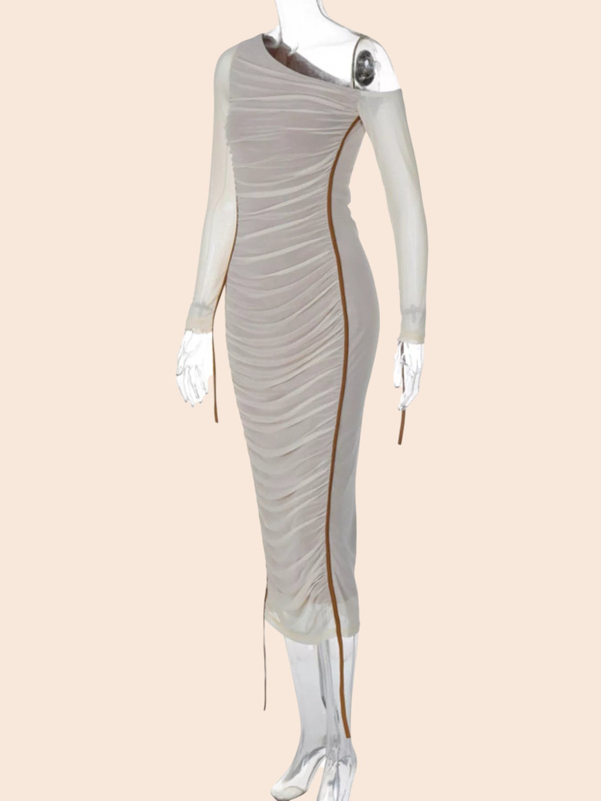 My Store one-shoulder ruched mesh midi dress in beige with a single sheer long sleeve and adjustable side ties.