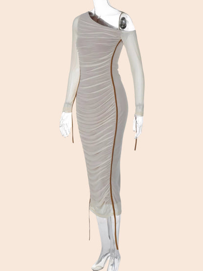 My Store one-shoulder ruched mesh midi dress in beige with a single sheer long sleeve and adjustable side ties.