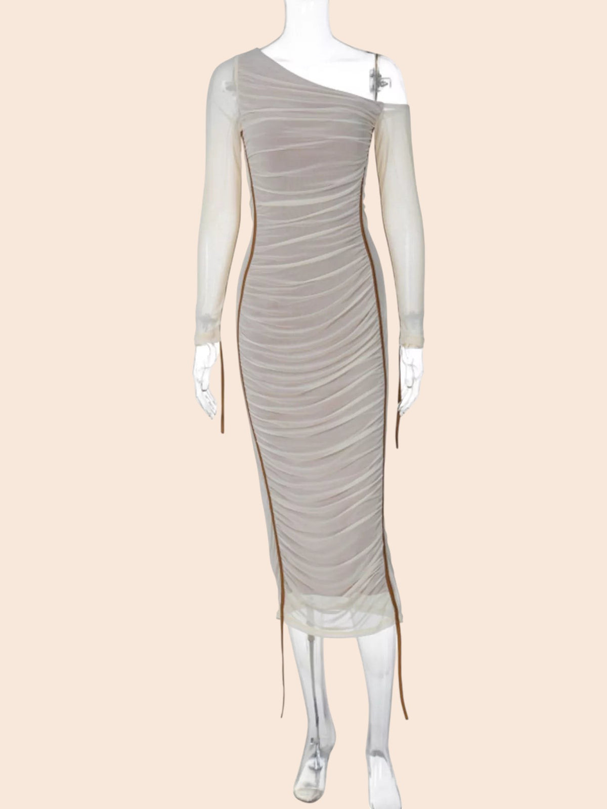 My Store one-shoulder midi dress in beige mesh with all-over ruching, a single sheer sleeve, and adjustable side ties.