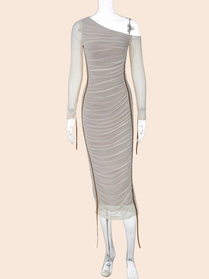 My Store one-shoulder midi dress in beige mesh with all-over ruching, a single sheer sleeve, and adjustable side ties.