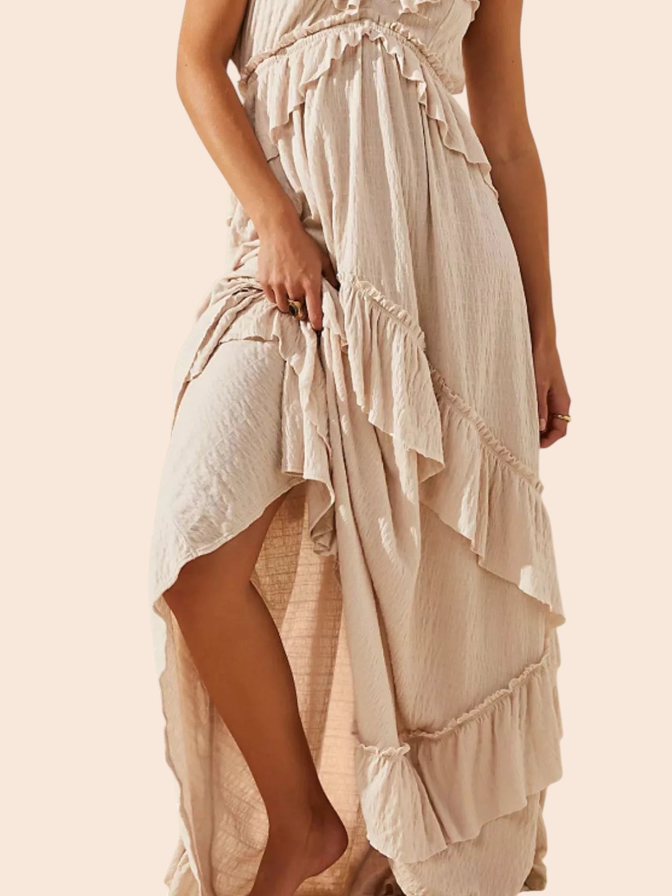 My Store beige ruffled tiered halter maxi dress with a flowing skirt and romantic bohemian style