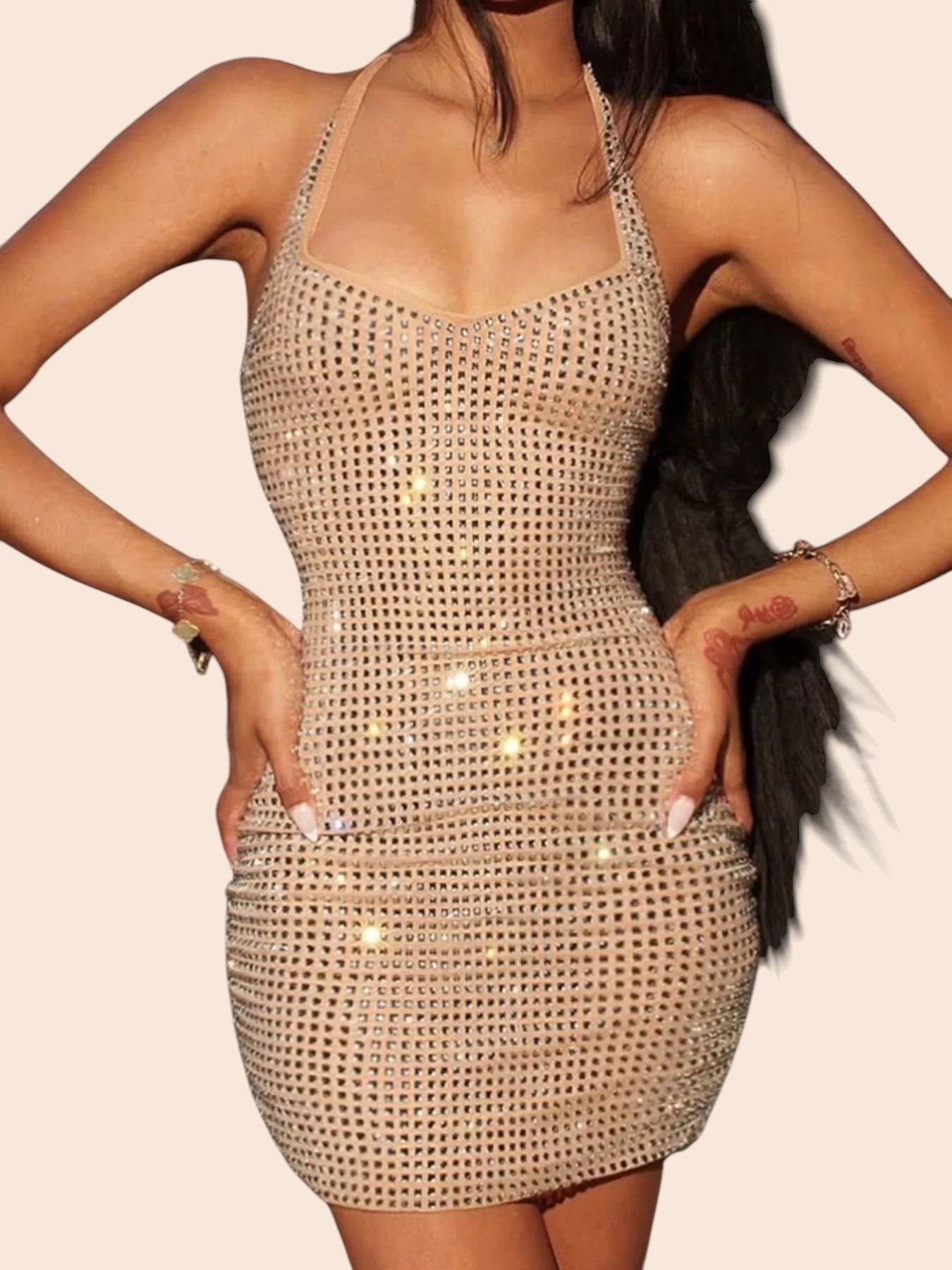 My Store beige sequin embellished bodycon mini dress with a scoop neckline and delicate straps on a model