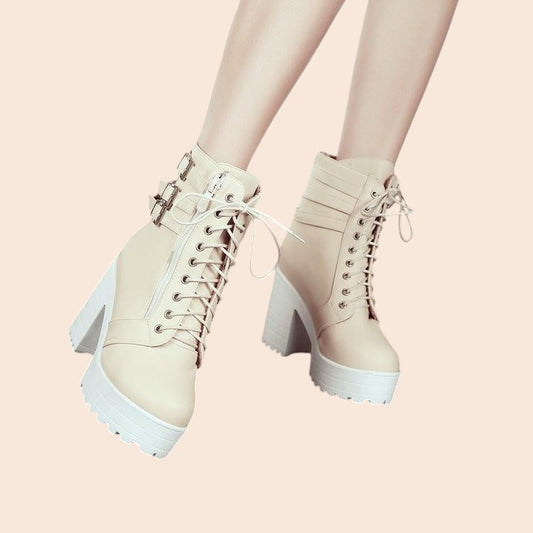 My Store beige suede lace-up platform boots with thick heels and decorative belt buckles