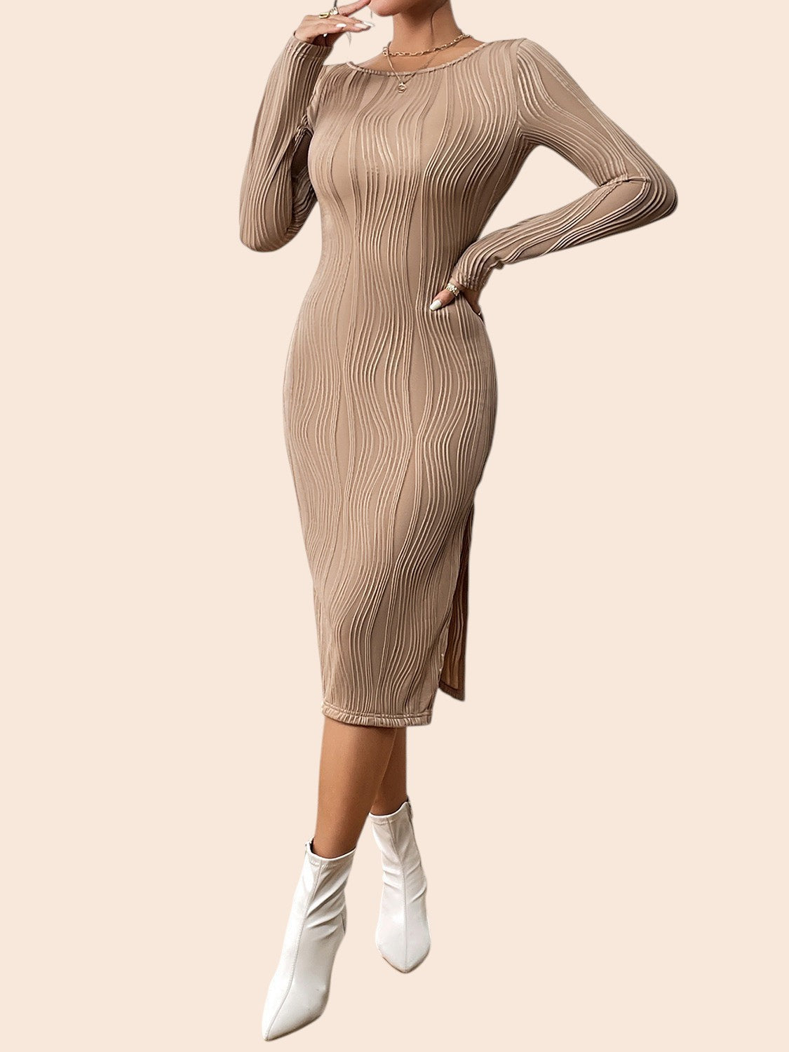 My Store beige textured midi dress with long sleeves, round neckline, and side slit worn by a model with white boots.