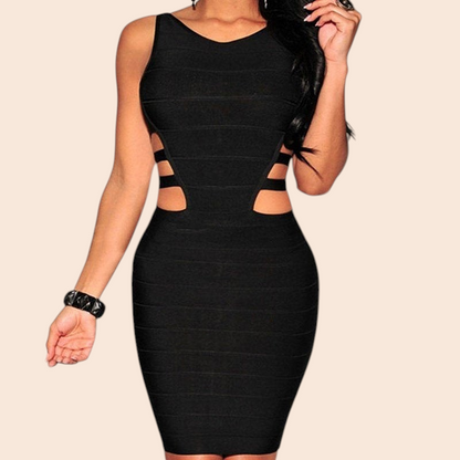 My Store black Sienna bandage mini dress with side cutouts and a sleeveless figure-hugging silhouette