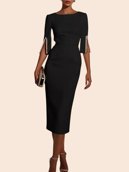 My Store black midi pencil dress with round neckline and elegant split sleeves featuring delicate beaded trim