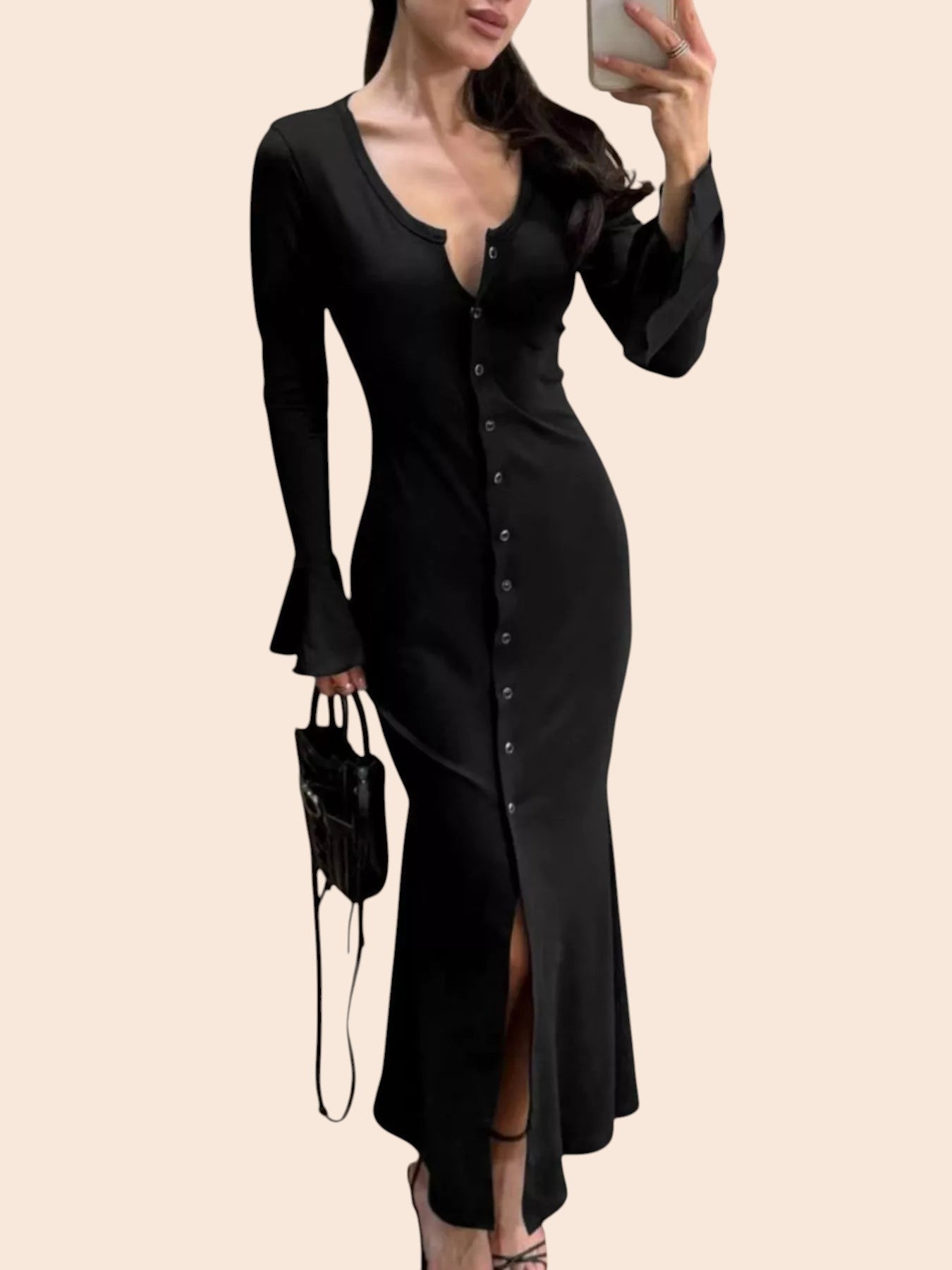 My Store black maxi dress with V-neck, button-front, and flared sleeves worn by a woman holding a handbag