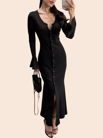 My Store black maxi dress with V-neck, button-front, and flared sleeves, worn by a woman with a small handbag.