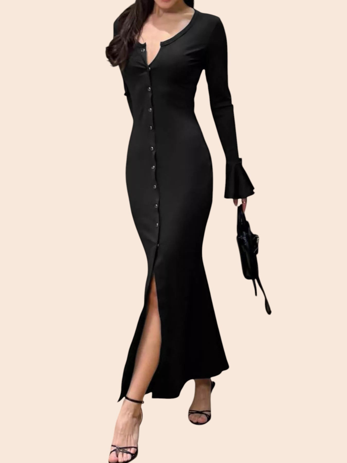 My Store black maxi dress with V-neck, button-front, and flared long sleeves, featuring a front slit and slim fit.
